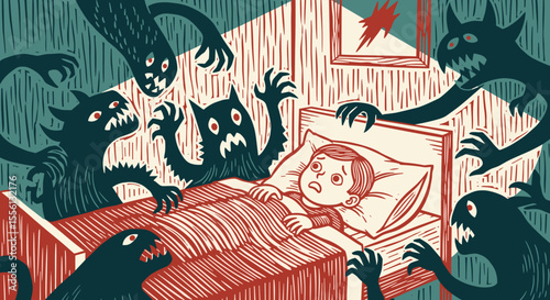 Child's nightmare with scary clowns and monsters. Nightmarish scene depicts a terrified child surrounded by menacing figures in a dark bedroom. Child with Nyctophobia fear of darkness 