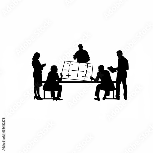 Silhouette of a team attending a business strategy simulation game on white background