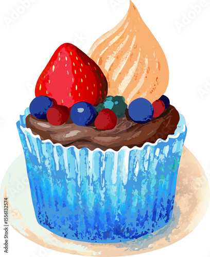 A gourmet chocolate cupcake served in a decorative paper wrapper, adorned with smooth whipped cream, a ripe strawberry, and plump blueberries