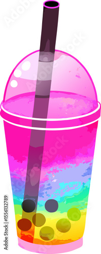 A trendy bubble tea beverage served in a transparent plastic cup with a bright lid and wide straw, perfect for contemporary lifestyle 