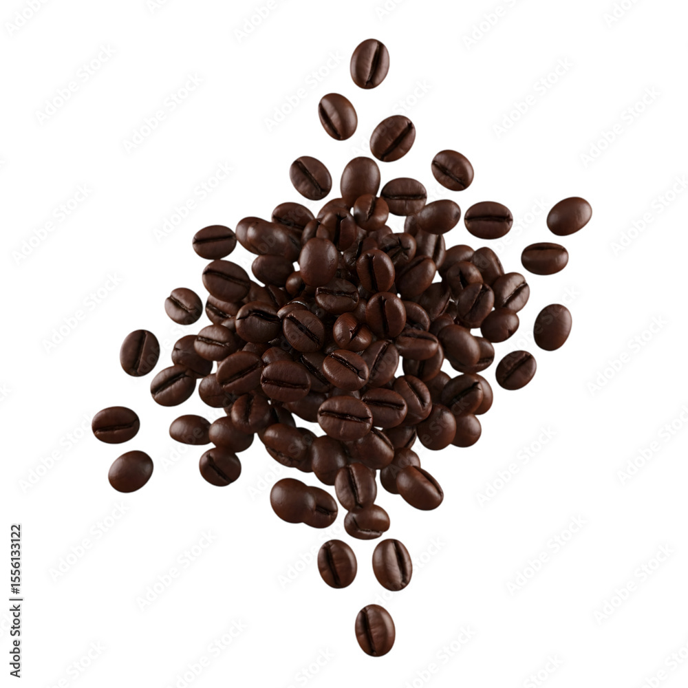 Obraz premium Photo of a pile of dark roasted coffee beans is isolated on transparent background, showcasing their rich brown color and intricate details in a closeup studio shot