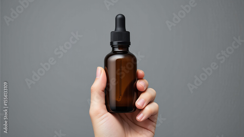 person's hand holding a brown glass dropper bottle with a black cap.