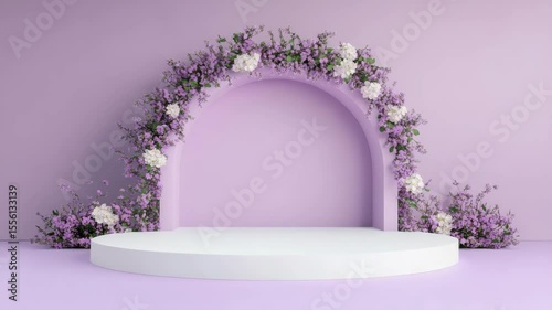 White round podium with arch and elegant floral arrangement of purple and white flowers, pastel background, romantic and festive atmosphere, perfect stage display for event or celebration