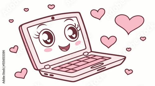 Cute Cartoon Laptop with Smiling Face - Kawaii Pink Computer Vector