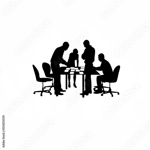 Silhouette of a team brainstorming ideas in a co-working space on white background