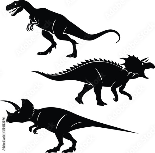 Black silhouette illustrations of T-Rex, Stegosaurus, and Triceratops dinosaurs