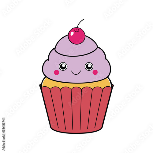 Kawaii cupcake with pink icing and cherry topping vector illustration isolated on white background