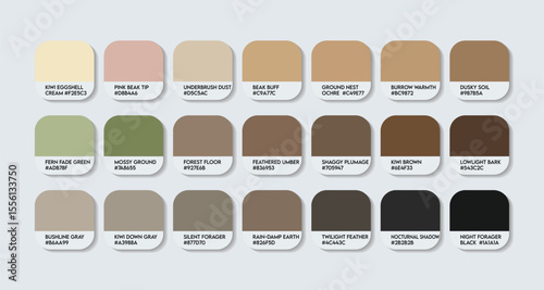 Kiwi Color Palette (native to New Zealand). Kiwi color Tone Swatch Chart with HEX Codes and Color Names. flightless bird and, colloquially, New Zealand Colors Tones Variants. Fashion color palette