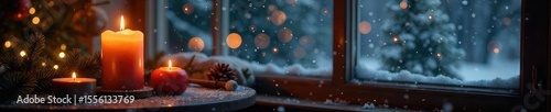 Cozy winter scene featuring a flickering candle, snow falling gently outside a window, and warm, inviting interior decor Perfect for holiday or winter themes , blanket, wood