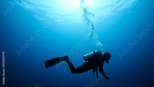 scuba diver swimming in the ocean, wearing a swimsuit and an oxygen cylinder on their back