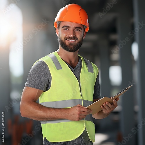 male construction worker in a yellow safety vest and hard hat, holding a clipboard, standing on a construction site with steel beams and equipment