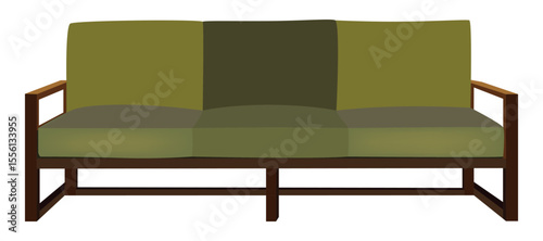 Modern green and brown three-seater sofa with wood frame