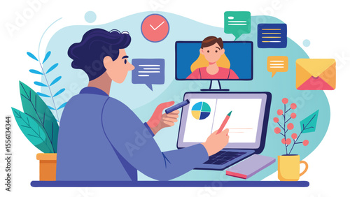 Business woman working on laptop in office vector illustration