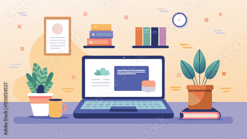 Digital workspace:  A minimalist workspace showcasing a laptop with open documents and surrounding desk items suggesting a creative and productive environment.
