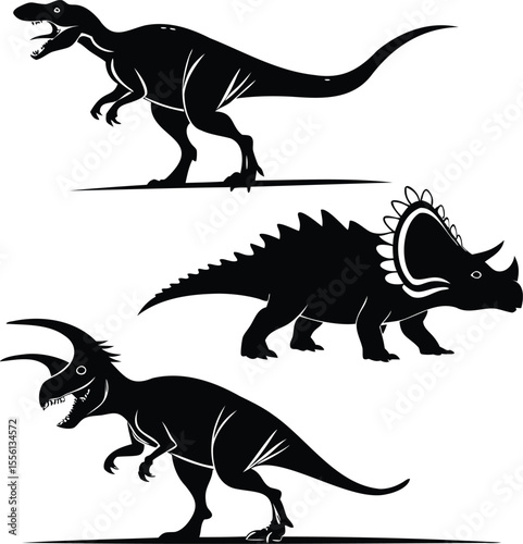 Set of black dinosaur silhouettes including Tyrannosaurus, Stegosaurus, and Triceratops