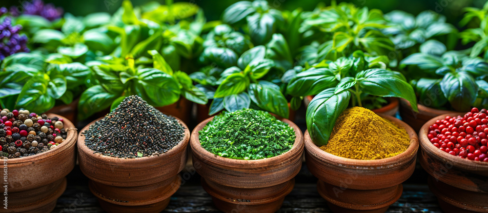 Fresh herbs and spices in bowls, outdoor setting Fresh herbs and spices in bowls, outdoor setting