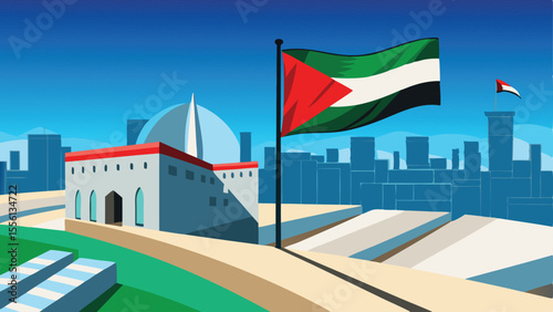 Homeland Pride: Majestic flag of country billows against a backdrop of iconic architecture, symbolizing heritage and strength under a clear blue sky. 