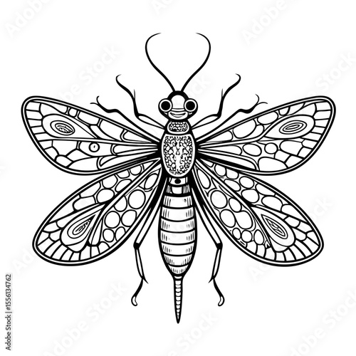 Black and white line art of a lacewing insect with intricate wing patterns entomology creature
