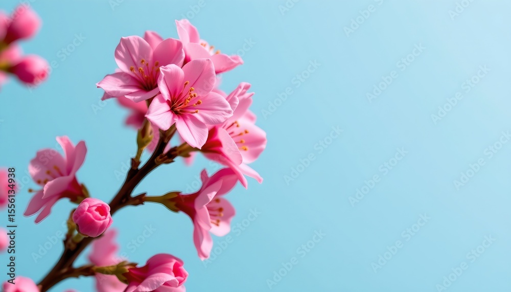 Obraz premium the image displays a close up of a branch with pink flowers against a pale blue background, the flowers are full, with their petals clearly visible