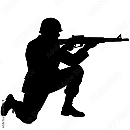 Black silhouette of a soldier kneeling with a rifle aimed forward military army