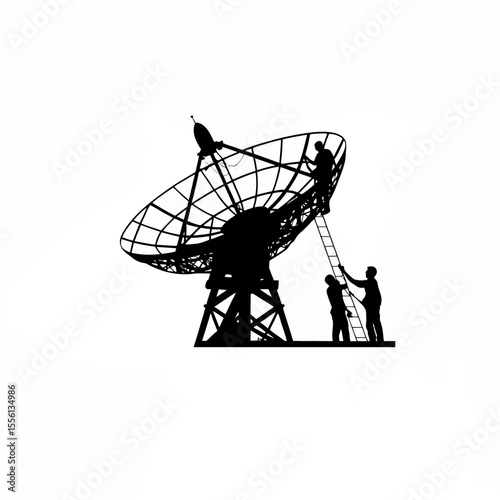 Silhouette of a team calibrating a giant radio telescope white background