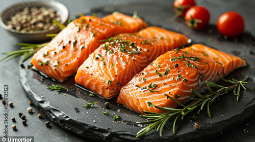Fresh salmon fillets seasoned, herbs, dark background, healthy meal prep