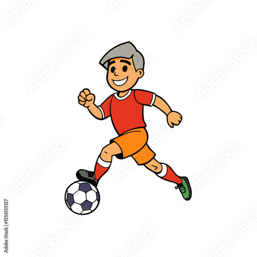 Cartoon boy in red shirt and orange shorts kicking soccer ball football player