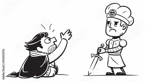 Cartoon knight with sword facing a pleading man on white background vector