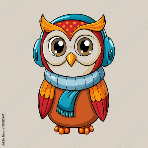 Cute cartoon owl wearing blue earmuffs and a light blue scarf illustration icon