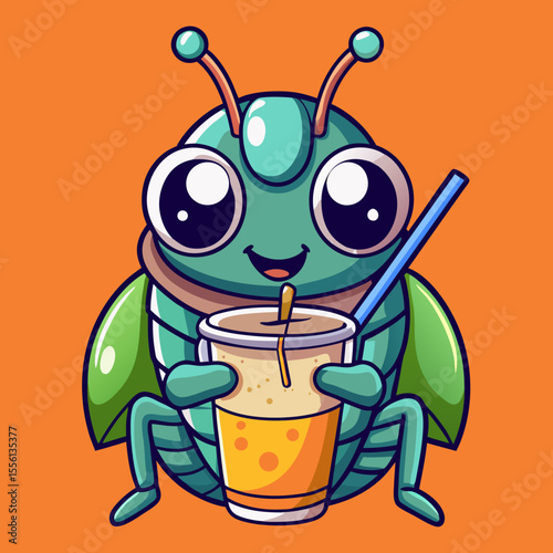 Cute green cartoon beetle bug holding a bubble tea drink with a straw insect