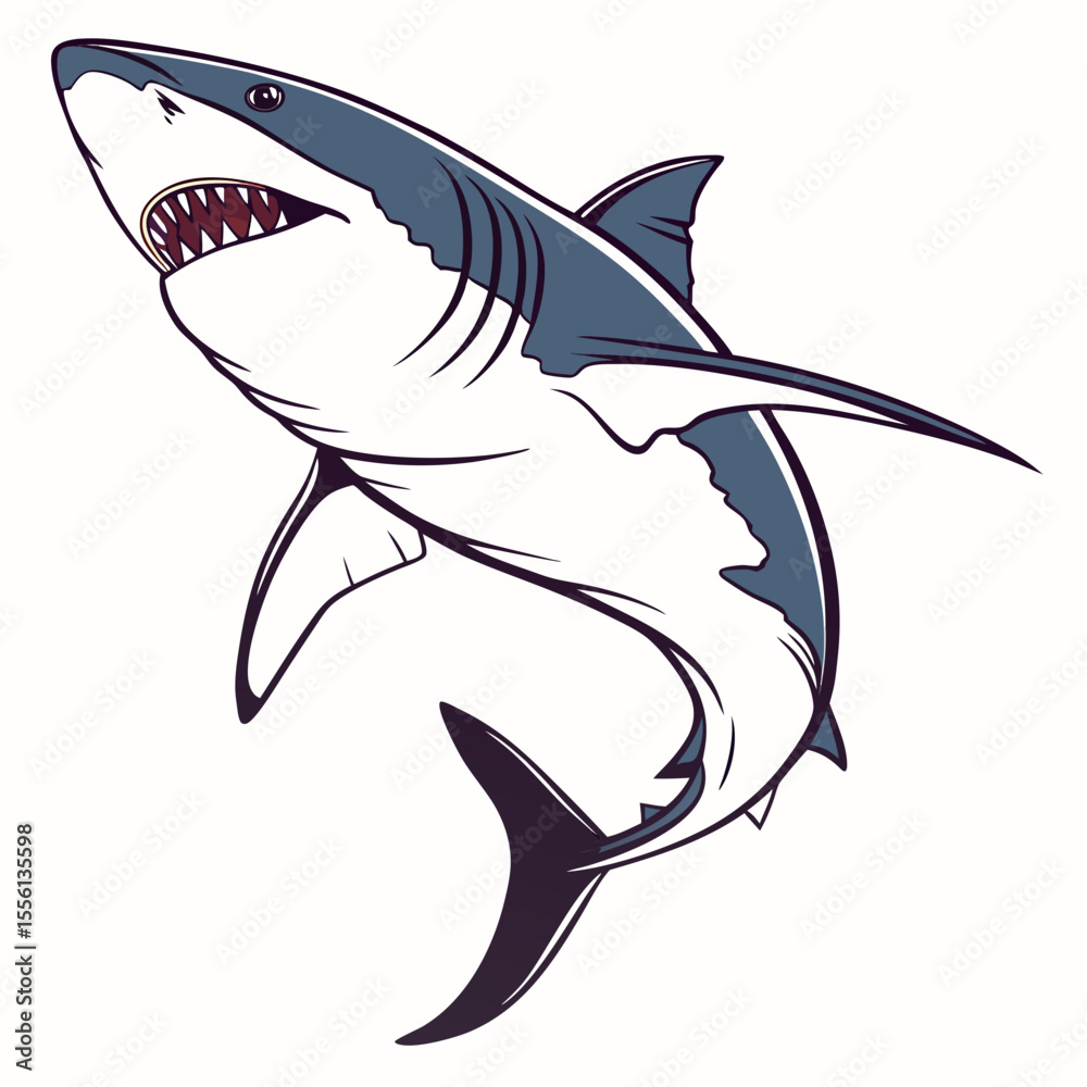 Fototapeta premium Great white shark illustration with open mouth and sharp teeth marine life ocean