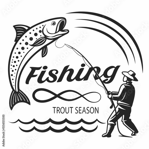 Fisherman reeling in jumping trout fish during trout season fishing angling