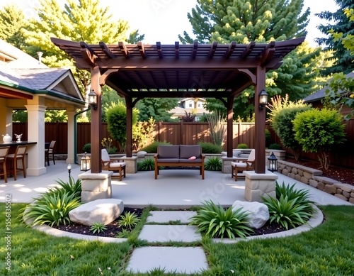 the image shows a tranquil outdoor living space, possibly a patio or garden area of a house, at the center is a traditional japanese style pergola with a wooden lattice roof