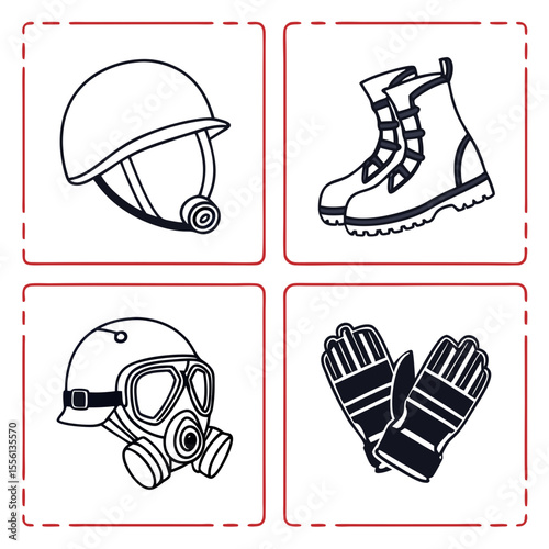 Four military protective gear icons including helmet gas mask boots and gloves protection equipment