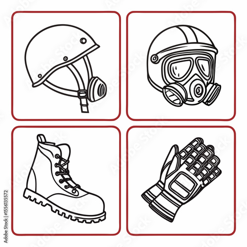 Four military protective gear icons including helmet gas mask boot and gloves protection equipment