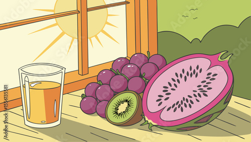 Fresh fruit and juice on a wooden surface with a sunny window view grapes dragon fruit