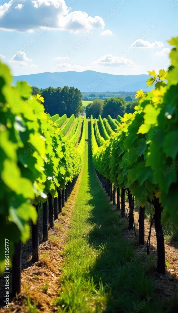 Naklejka premium Rows of lush, green wine grape vines stretching across a sun-drenched vineyard, ripe for harvest The perfect image for wine country, viticulture, or agriculture themes , ripe, vineyard