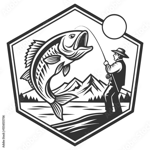 Monochrome illustration of a largemouth bass leaping from water while a fisherman casts a line with mountains in the background
