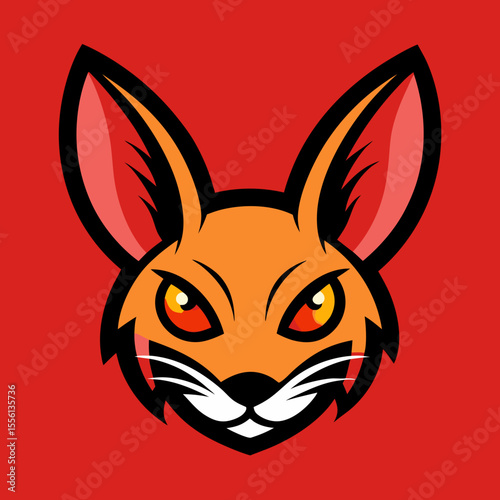 Orange jerboa head mascot with large ears and intense yellow eyes on red background animal logo