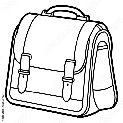 Outline drawing of a classic school satchel with buckles and handle on white background school bag backpack