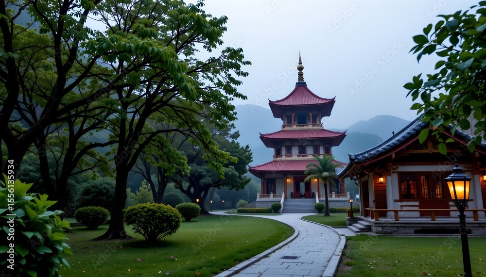 the image depicts a tranquil scene of an east asian style temple nestled amidst lush greenery under a misty sky, the temple the image depicts a tranquil scene of an east asian style temple nestled amidst lush greenery under a misty sky, the temple