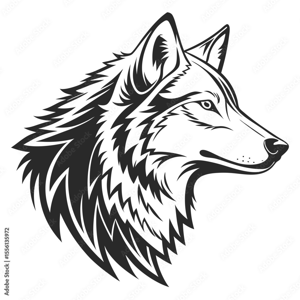 Fototapeta premium Stylized black and white illustration of a wolf head profile animal wildlife