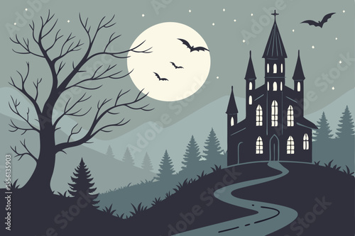 Spooky castle on a hill under a full moon with bats flying halloween night