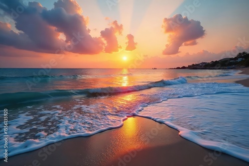 Serene beach scene at sunset, tranquil waves lapping the shore, perfect for relaxation and unwinding Ideal for travel, vacation, and leisure themes , unwind, quiet, tropical