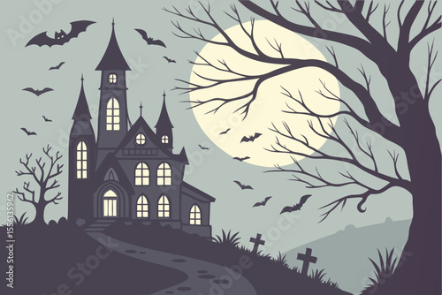 Spooky haunted castle with bats flying under a full moon and bare trees haunted house night