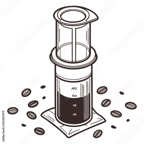 Portable Aeropress coffee maker on white, quick and smooth coffee, perfect for travel.