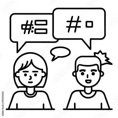 Two people communicating with speech bubbles containing hashtags and symbols line art communication conversation