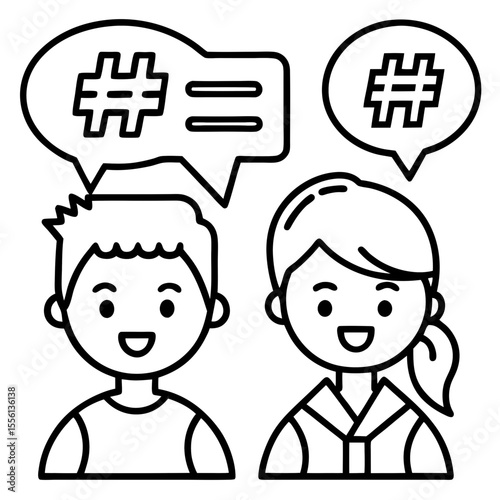 Two people talking with speech bubbles containing hashtags on a white background communication
