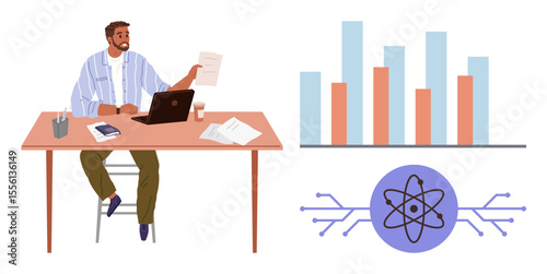Person reviews documents at desk with laptop, surrounded by data charts and a scientific atom symbol. Ideal for research, technology, education, analysis, business, innovation planning. Simple flat