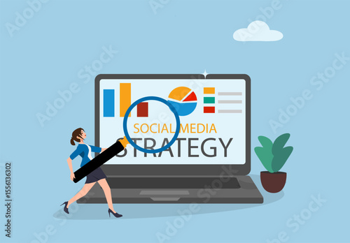 Flat Illustration of Businesswoman Analyzing Social Media Strategy Using Magnifying Glass with Laptop and Graphs